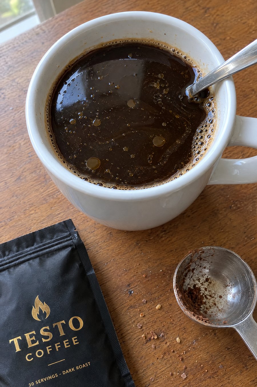 Cacao butter on the surface of a cup of Testo Coffee