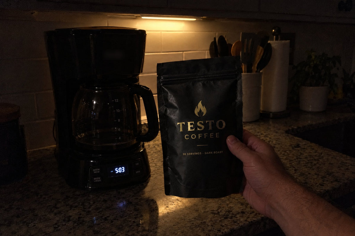 Testo Coffee pouch next to a coffee maker before sunrise