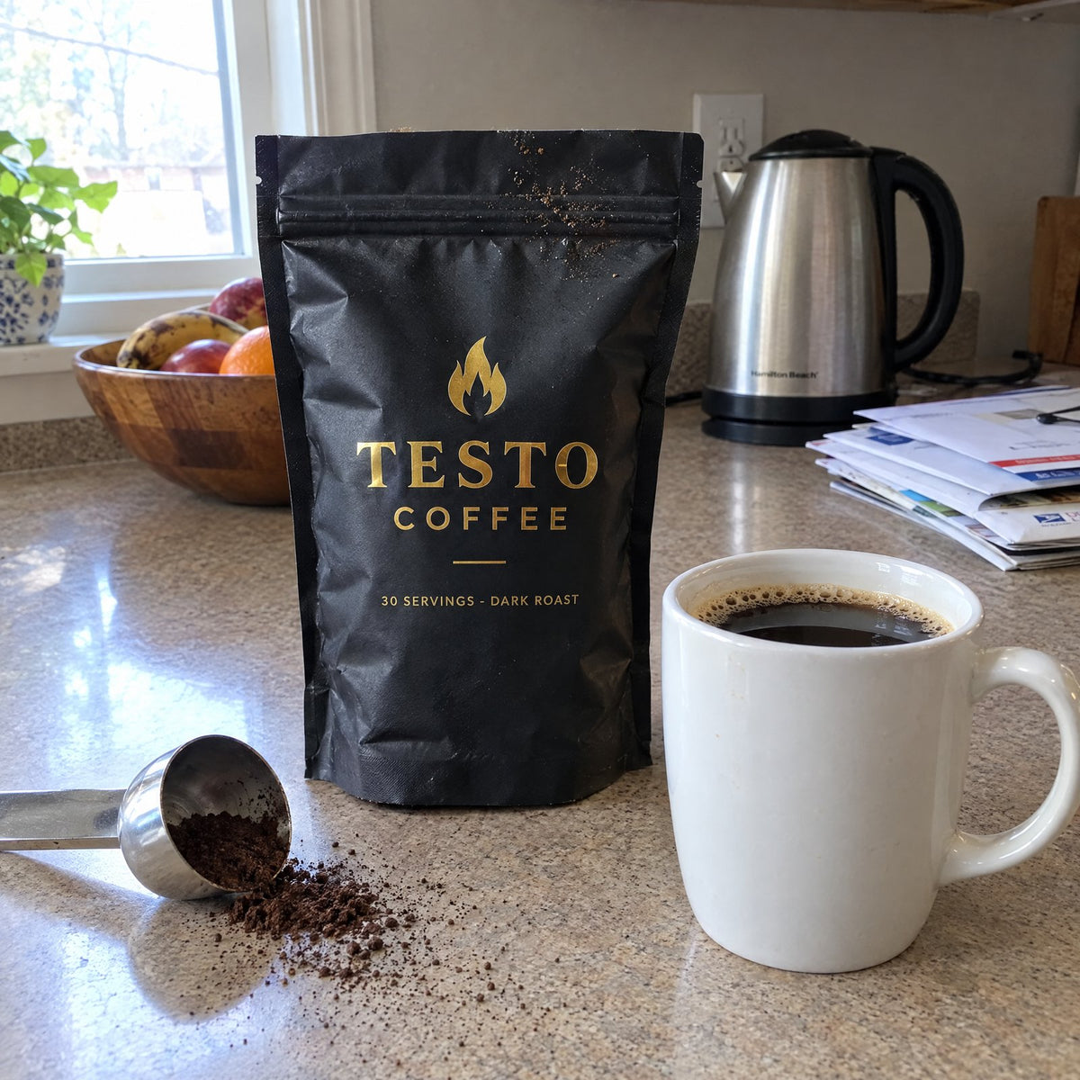 Testo Coffee pouch, scoop and a fresh mug of coffee on a kitchen counter