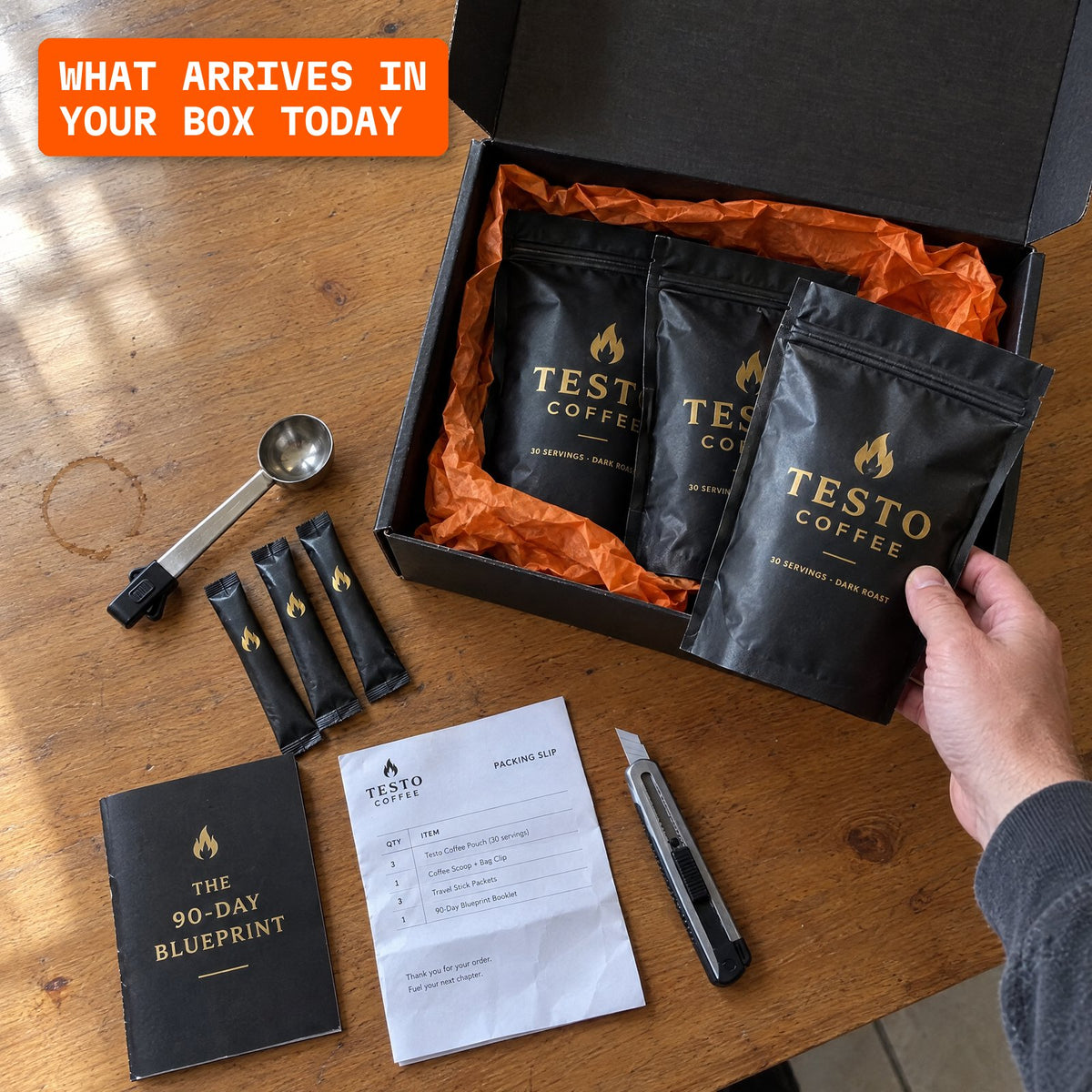 What arrives in your box: 3 pouches, steel scoop with bag clip, 3 travel sticks and the 90-Day Blueprint